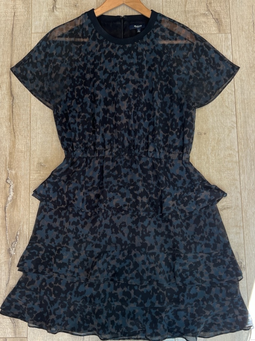 Tiered Sheer Animal Print Dress in Navy and Black